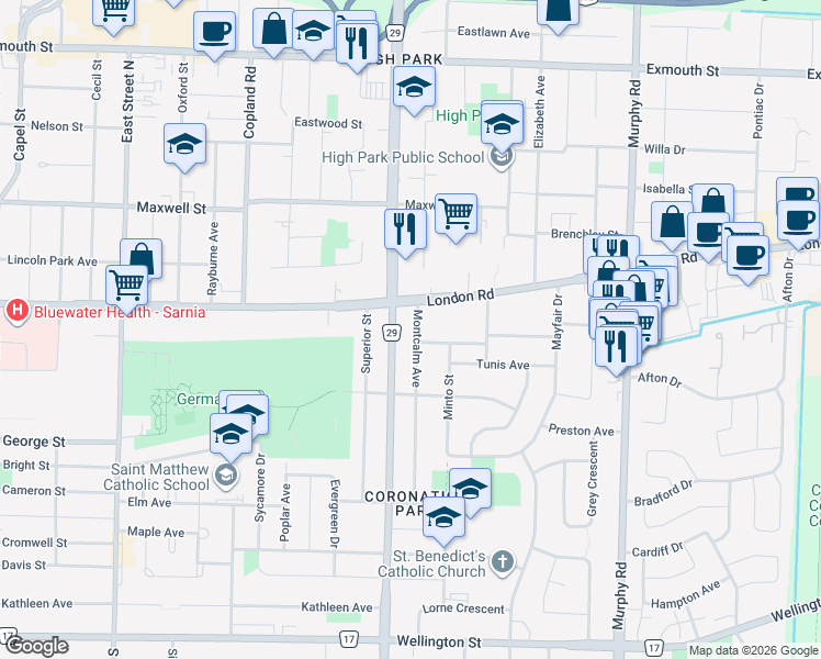 map of restaurants, bars, coffee shops, grocery stores, and more near 583 Montcalm Avenue in Sarnia