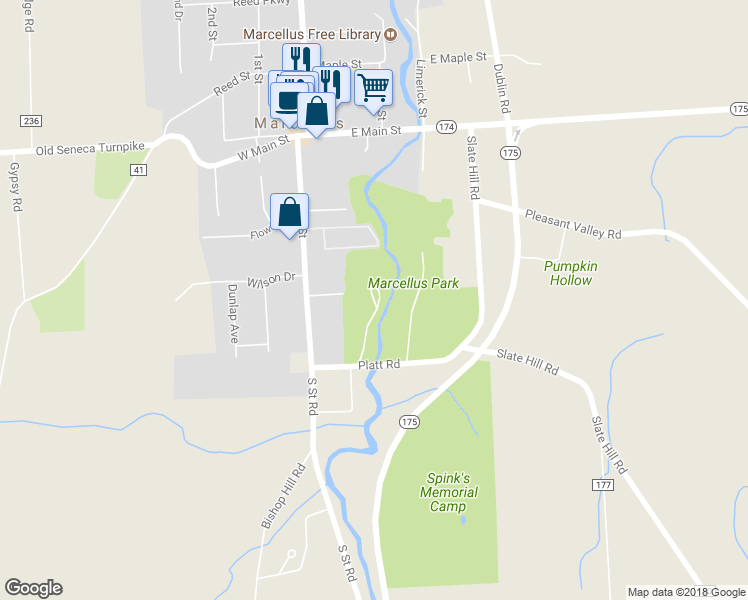 map of restaurants, bars, coffee shops, grocery stores, and more near Marcellus Park Drive in Marcellus