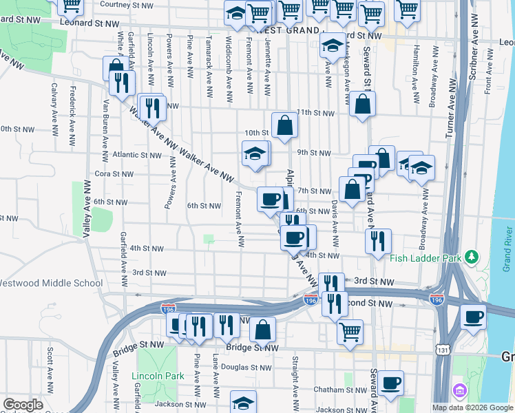 map of restaurants, bars, coffee shops, grocery stores, and more near 745 Stocking Avenue Northwest in Grand Rapids