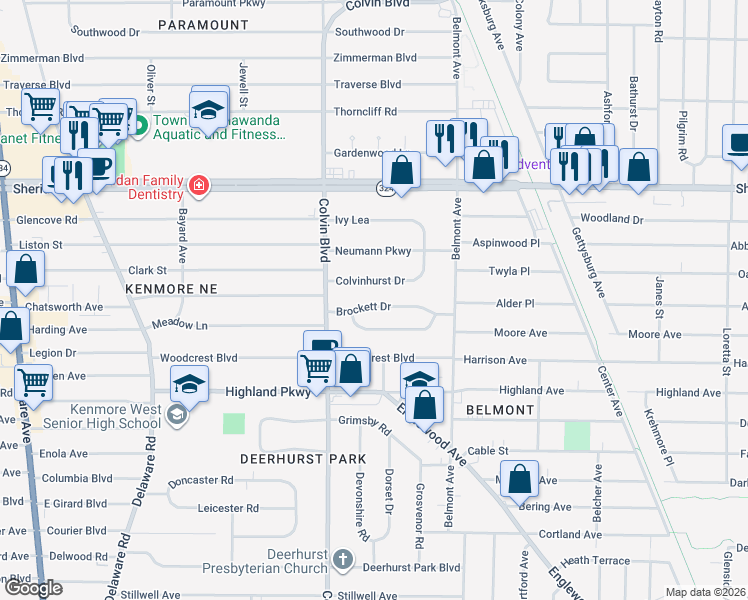 map of restaurants, bars, coffee shops, grocery stores, and more near 48 Colvinhurst Drive in Buffalo