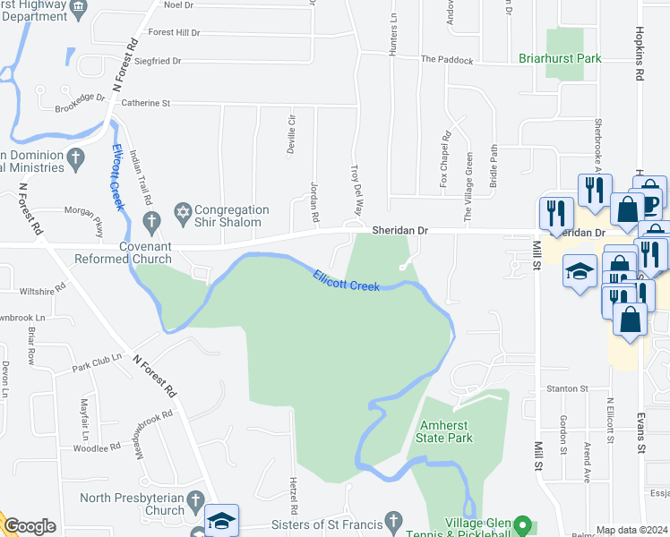 map of restaurants, bars, coffee shops, grocery stores, and more near 200 Castlebrooke Lane in Buffalo
