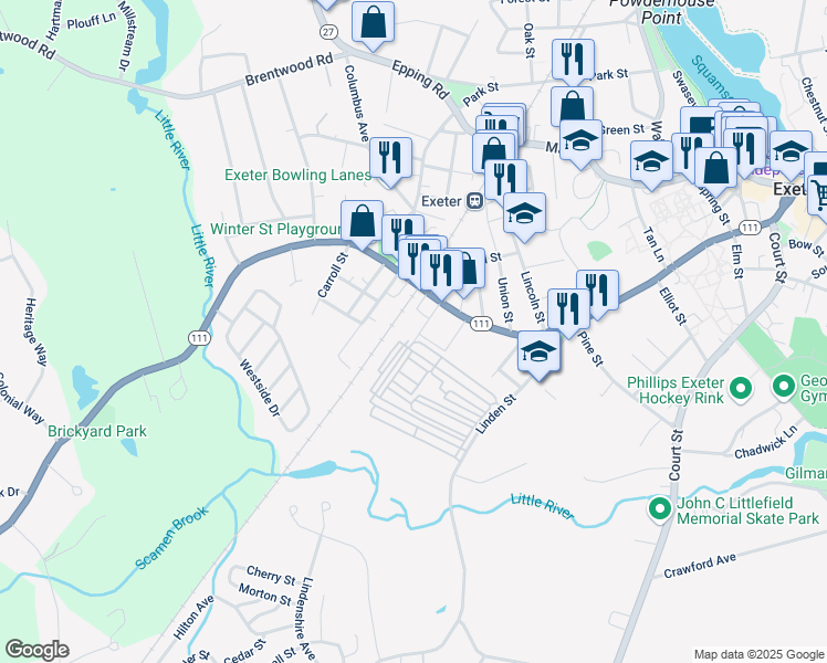 map of restaurants, bars, coffee shops, grocery stores, and more near 142 Front Street in Exeter