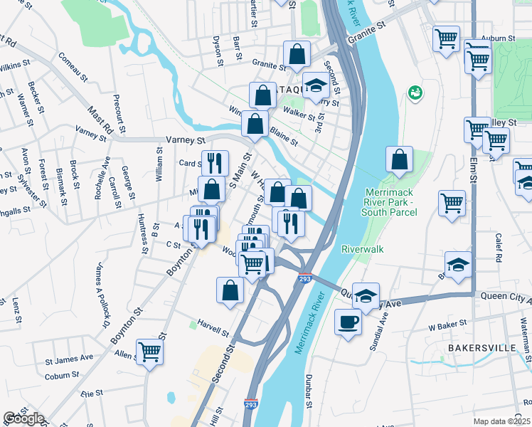 map of restaurants, bars, coffee shops, grocery stores, and more near 5B Colby Street in Manchester