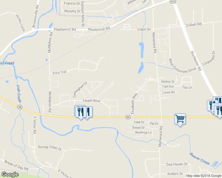 map of restaurants, bars, coffee shops, grocery stores, and more near 1153 Ridge Crest Drive in Victor