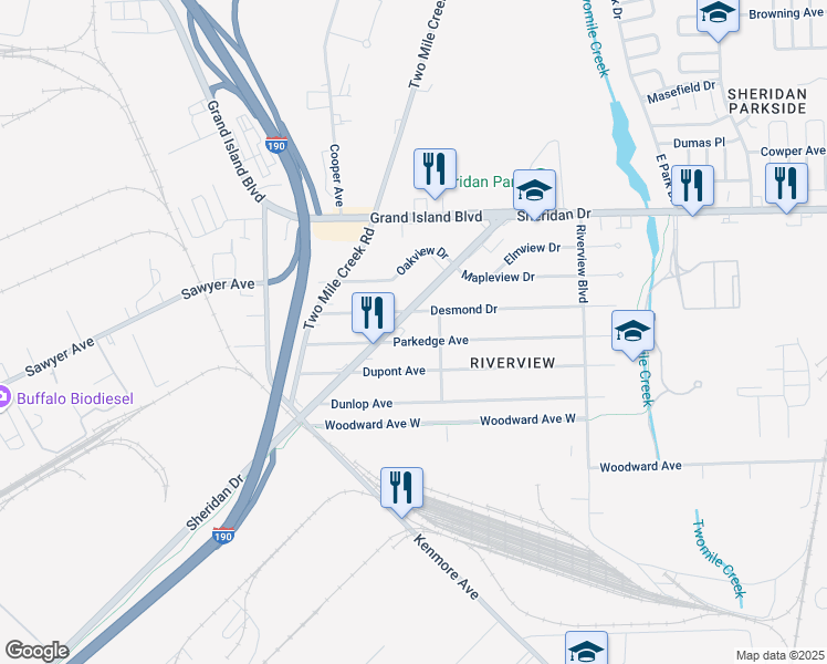 map of restaurants, bars, coffee shops, grocery stores, and more near 734 Sheridan Drive in Tonawanda