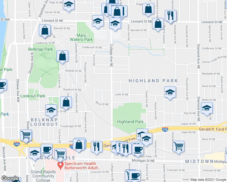 map of restaurants, bars, coffee shops, grocery stores, and more near 821 College Avenue Northeast in Grand Rapids