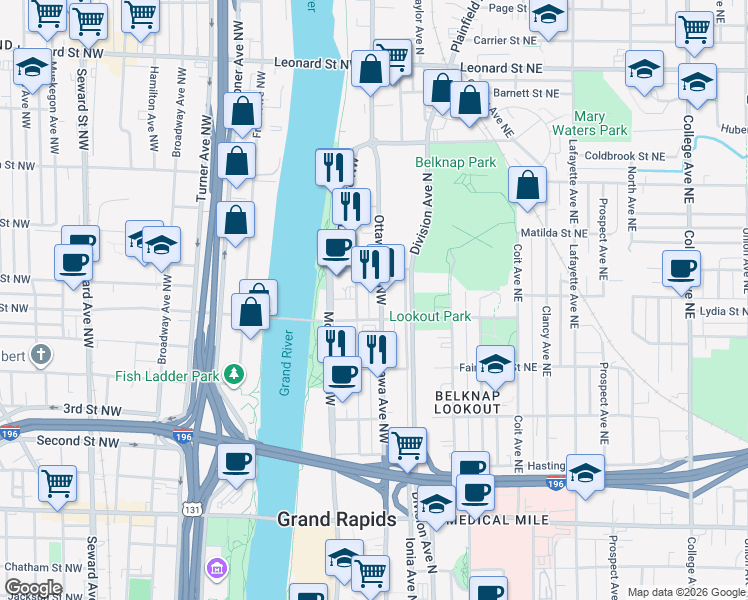 map of restaurants, bars, coffee shops, grocery stores, and more near 845 Ottawa Avenue Northwest in Grand Rapids