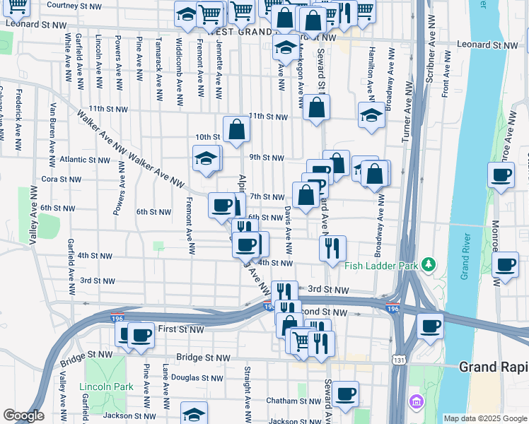 map of restaurants, bars, coffee shops, grocery stores, and more near 715 7th Street Northwest in Grand Rapids