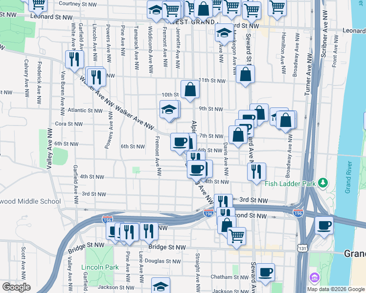 map of restaurants, bars, coffee shops, grocery stores, and more near 824 7th Street Northwest in Grand Rapids