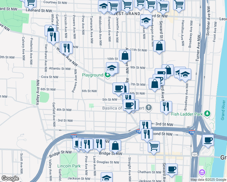 map of restaurants, bars, coffee shops, grocery stores, and more near 748 Fremont Avenue Northwest in Grand Rapids