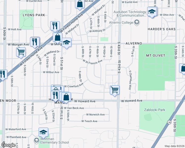 map of restaurants, bars, coffee shops, grocery stores, and more near 3628 South 46th Place in Greenfield