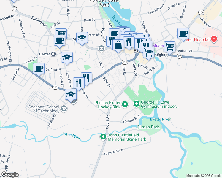 map of restaurants, bars, coffee shops, grocery stores, and more near 9 Elliot Street in Exeter