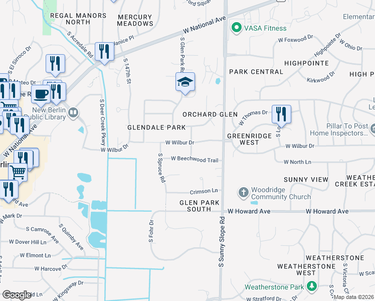 map of restaurants, bars, coffee shops, grocery stores, and more near 14270 West Wilbur Drive in New Berlin