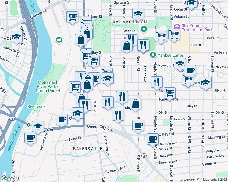 map of restaurants, bars, coffee shops, grocery stores, and more near 169 Silver Street in Manchester