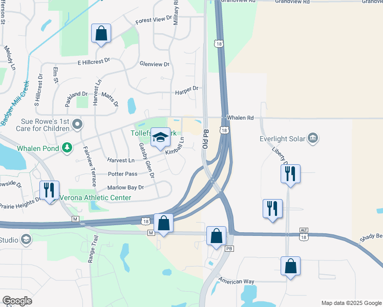 map of restaurants, bars, coffee shops, grocery stores, and more near 861 Kimball Lane in Verona