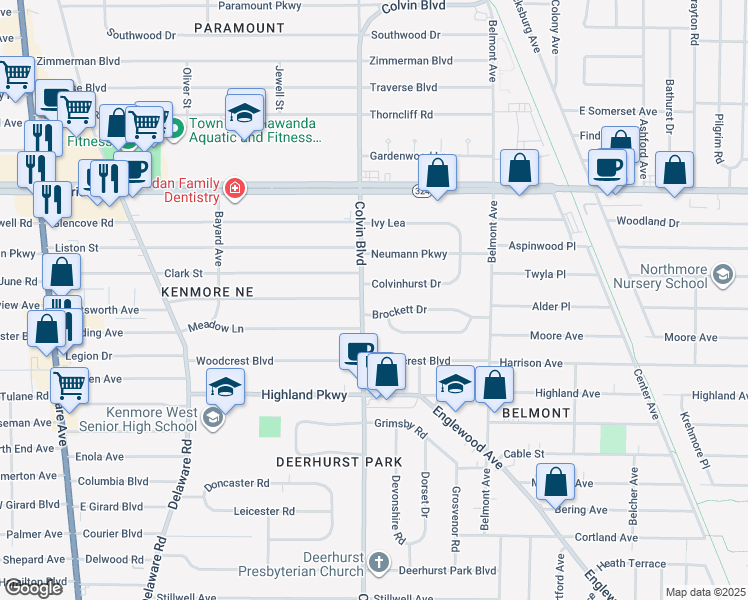 map of restaurants, bars, coffee shops, grocery stores, and more near 8 Colvinhurst Drive in Buffalo