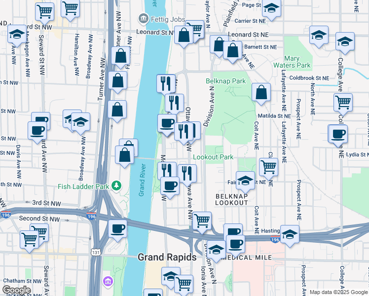 map of restaurants, bars, coffee shops, grocery stores, and more near 819 Ottawa Avenue Northwest in Grand Rapids