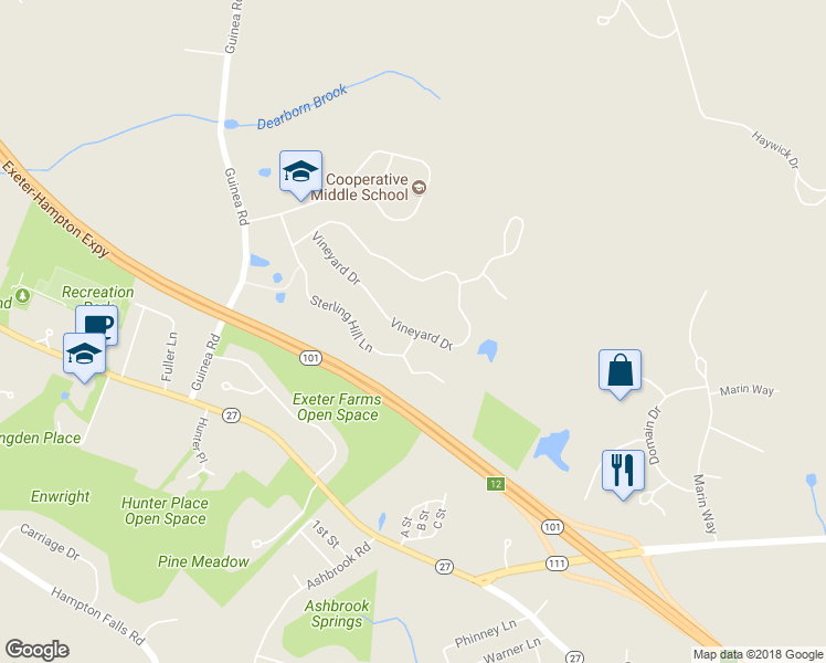 map of restaurants, bars, coffee shops, grocery stores, and more near 45 Vineyard Drive in Stratham