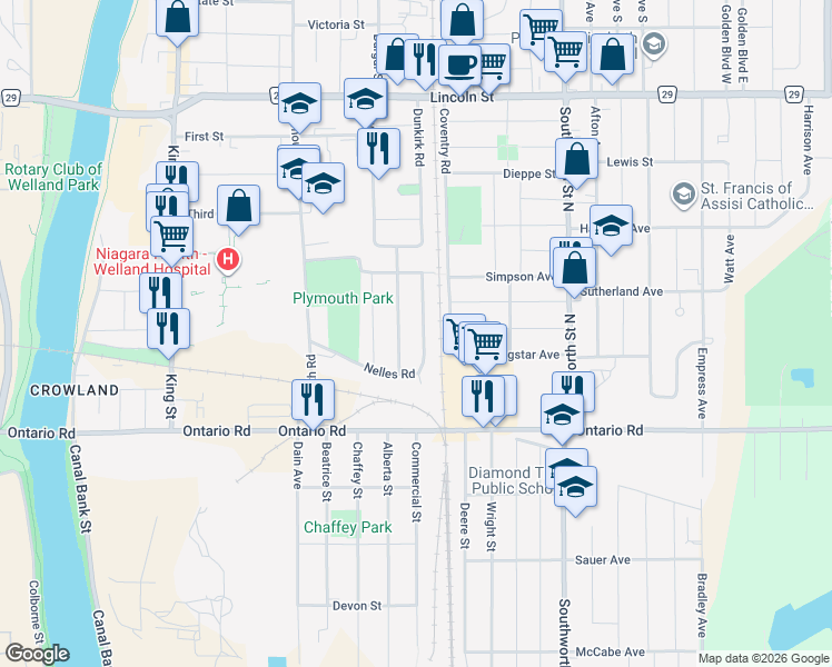 map of restaurants, bars, coffee shops, grocery stores, and more near 38 Nelles Road in Welland