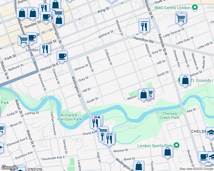 map of restaurants, bars, coffee shops, grocery stores, and more near 351 Hill Street in London
