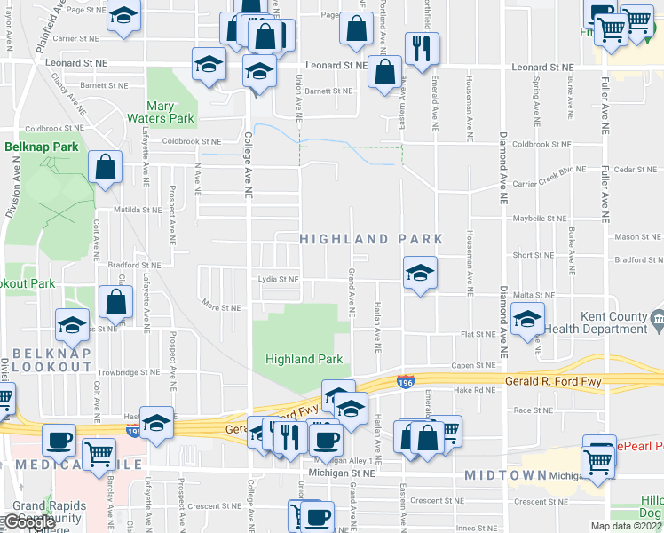 map of restaurants, bars, coffee shops, grocery stores, and more near 810 Benson Avenue Northeast in Grand Rapids
