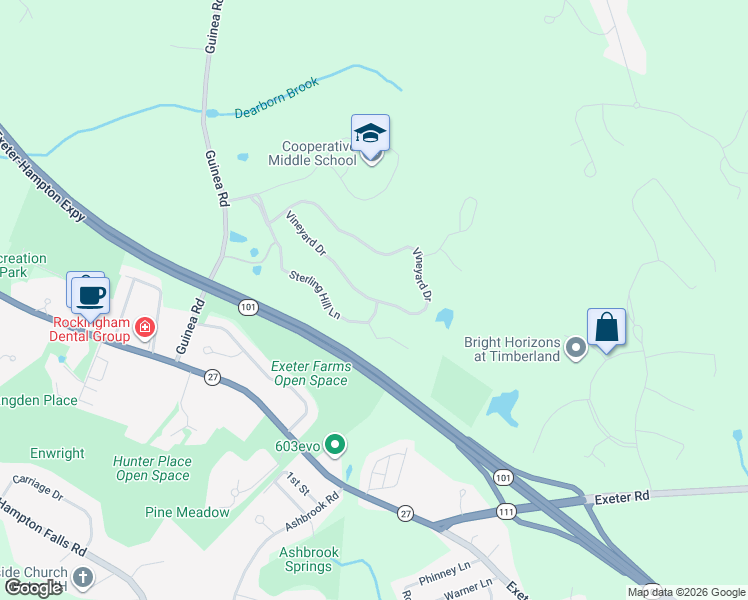 map of restaurants, bars, coffee shops, grocery stores, and more near 38 Vineyard Drive in Stratham