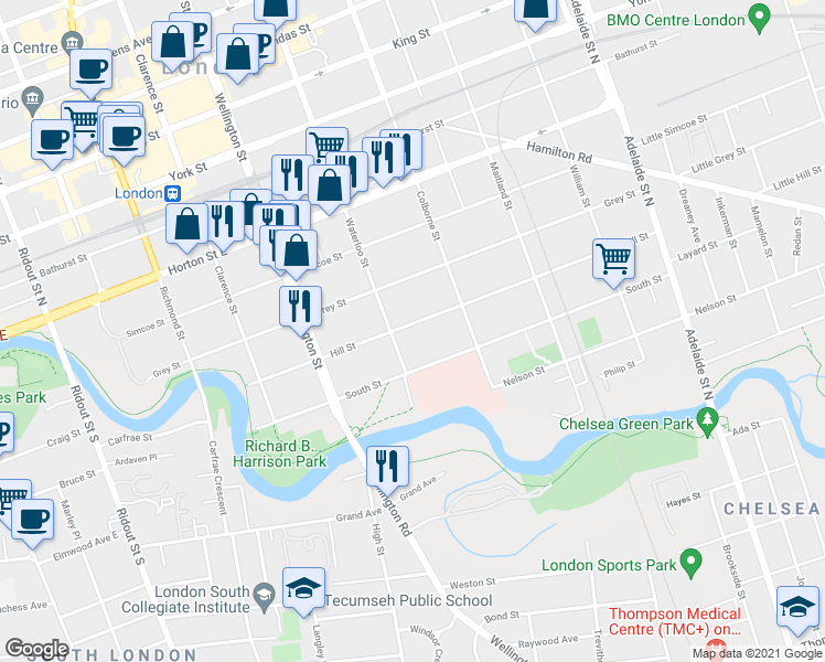 map of restaurants, bars, coffee shops, grocery stores, and more near 351 Hill Street in London