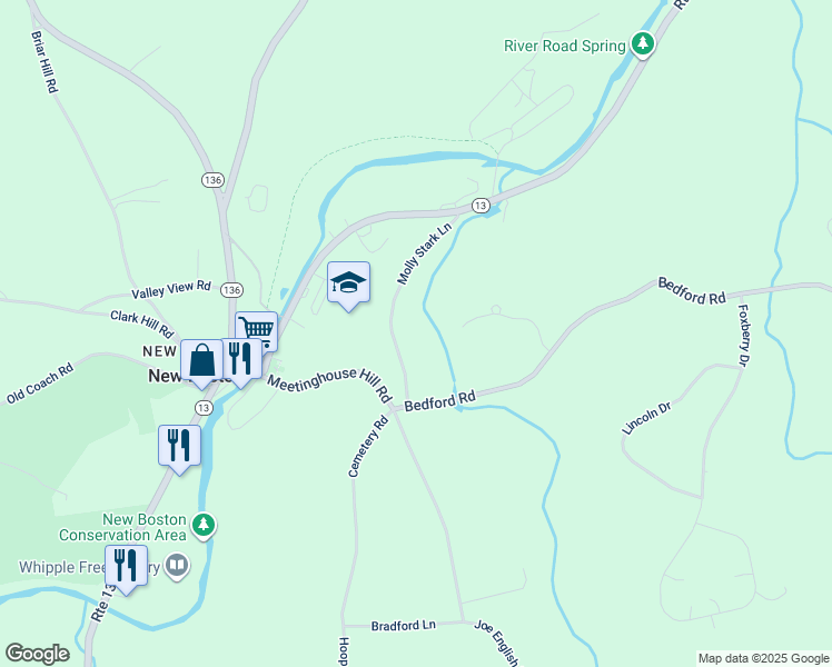 map of restaurants, bars, coffee shops, grocery stores, and more near 22 Molly Stark Lane in New Boston