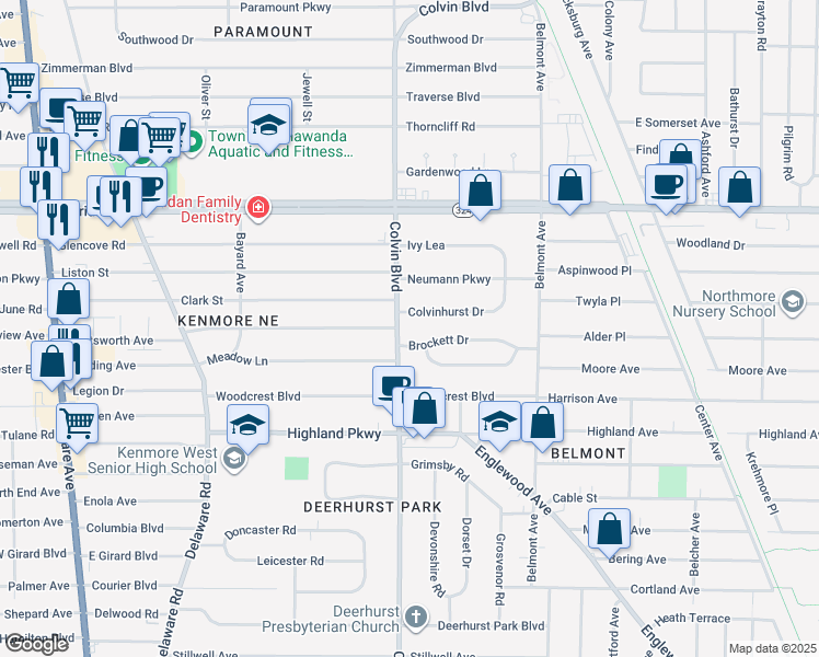 map of restaurants, bars, coffee shops, grocery stores, and more near 8 Colvinhurst Drive in Buffalo