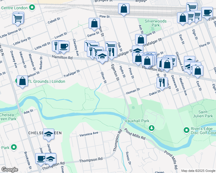 map of restaurants, bars, coffee shops, grocery stores, and more near 33 Oliver Street in London