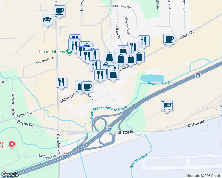 map of restaurants, bars, coffee shops, grocery stores, and more near 4375 Miller Road in Flint