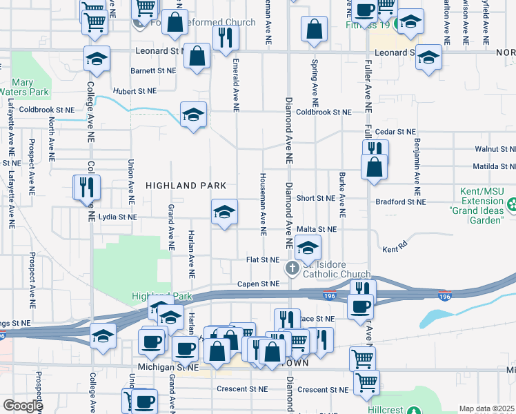 map of restaurants, bars, coffee shops, grocery stores, and more near 869 Arbor Street Northeast in Grand Rapids