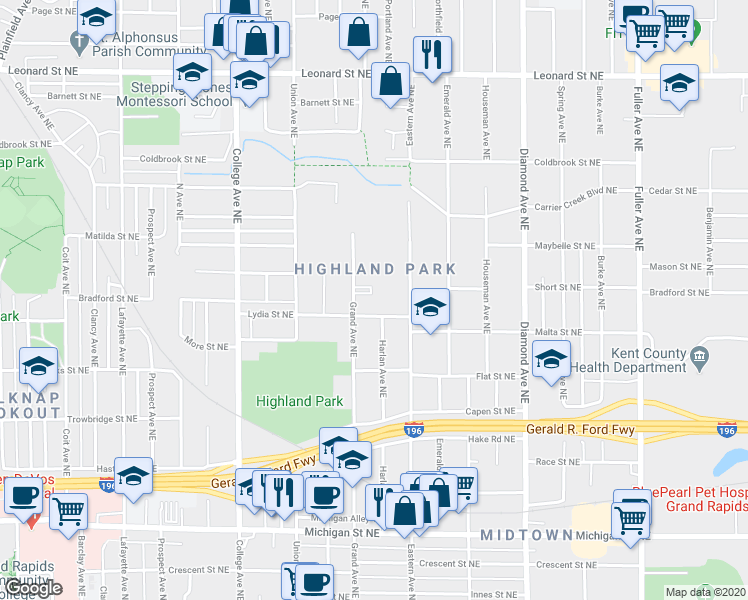 map of restaurants, bars, coffee shops, grocery stores, and more near 864 Grand Avenue Northeast in Grand Rapids