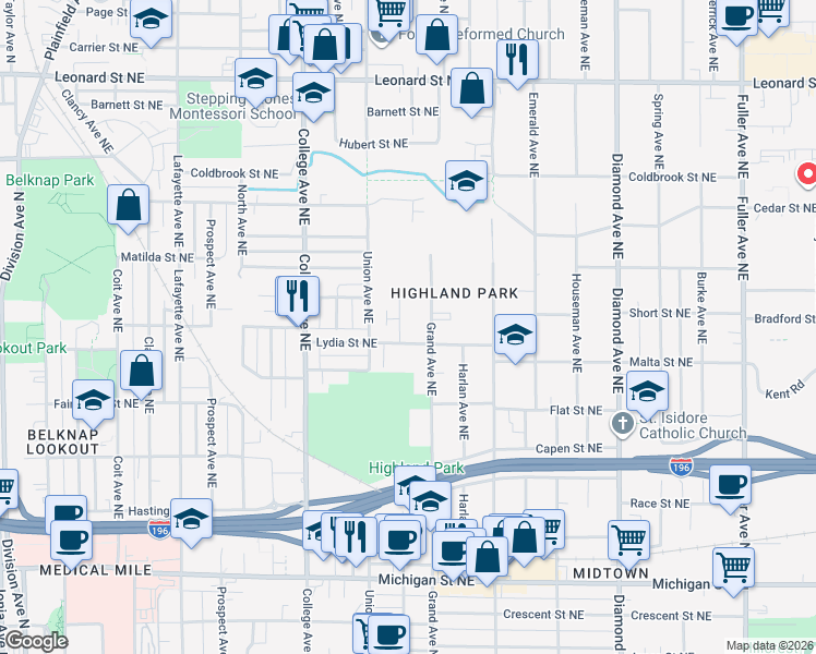 map of restaurants, bars, coffee shops, grocery stores, and more near 840 Benson Avenue Northeast in Grand Rapids