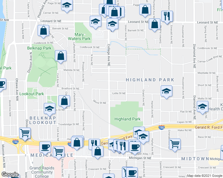 map of restaurants, bars, coffee shops, grocery stores, and more near 835 Paris Avenue Northeast in Grand Rapids