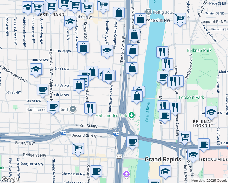 map of restaurants, bars, coffee shops, grocery stores, and more near 809 Turner Avenue Northwest in Grand Rapids