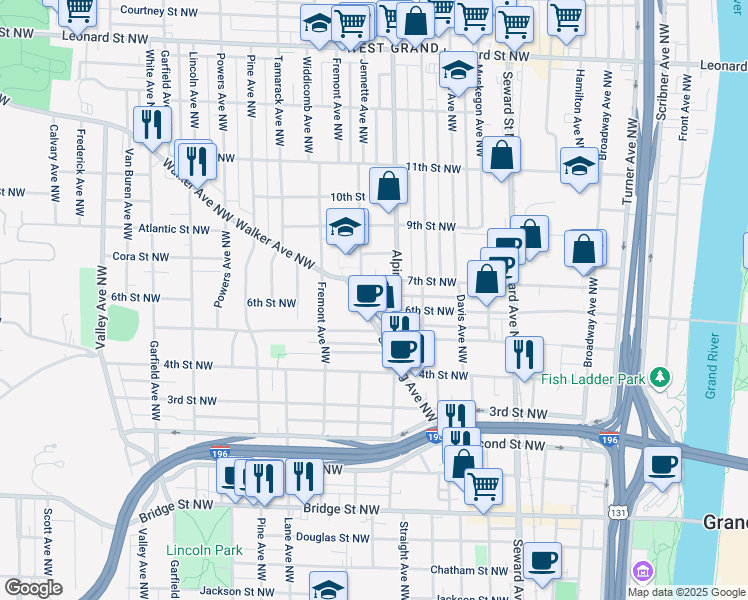 map of restaurants, bars, coffee shops, grocery stores, and more near 824 7th Street Northwest in Grand Rapids