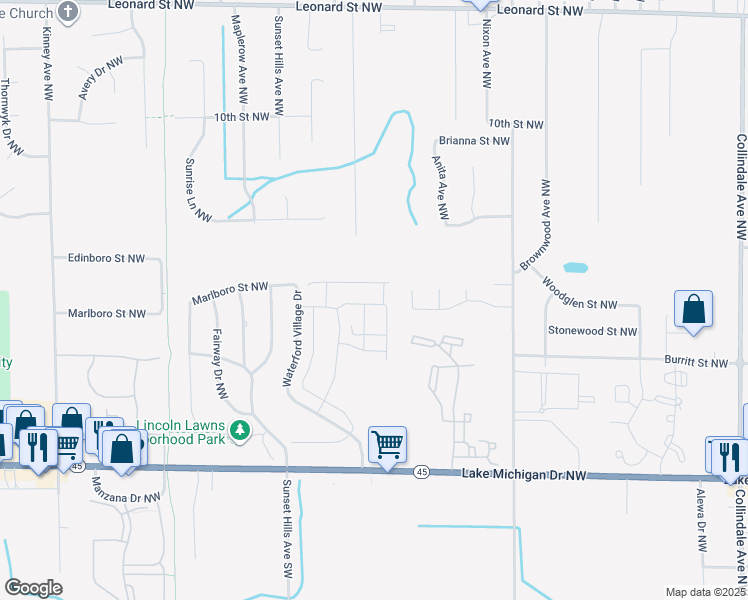 map of restaurants, bars, coffee shops, grocery stores, and more near 727 Kommer Court Northwest in Grand Rapids