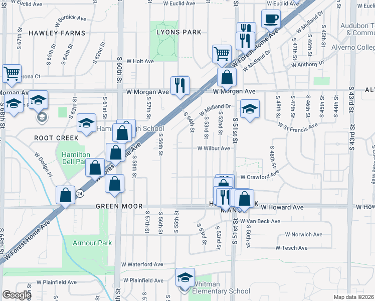 map of restaurants, bars, coffee shops, grocery stores, and more near 3654 S 55th St in Milwaukee