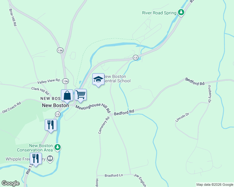 map of restaurants, bars, coffee shops, grocery stores, and more near 22 Molly Stark Lane in New Boston