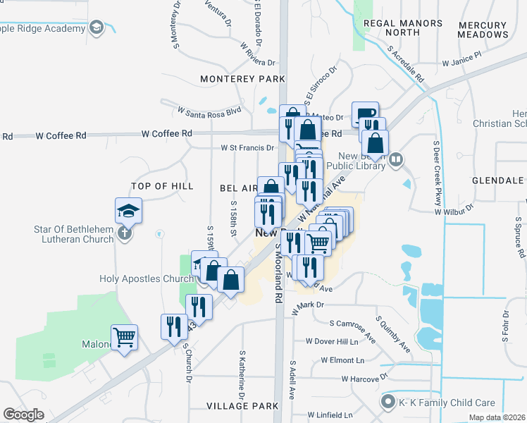 map of restaurants, bars, coffee shops, grocery stores, and more near 3643 South 157th Street in New Berlin