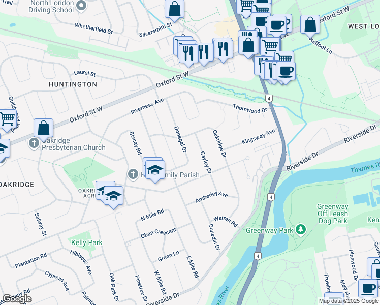 map of restaurants, bars, coffee shops, grocery stores, and more near 593 Donegal Drive in London