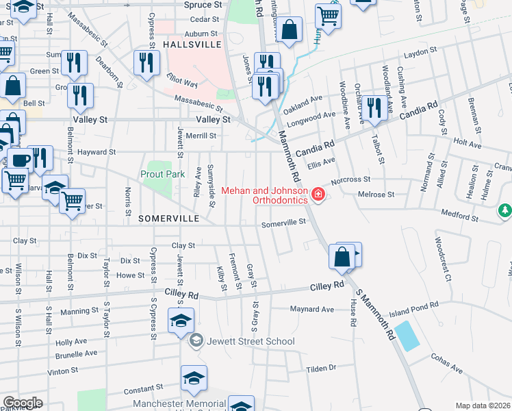 map of restaurants, bars, coffee shops, grocery stores, and more near 0 Hudson Street in Manchester