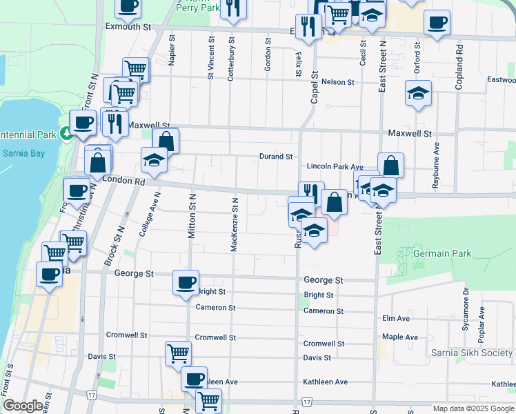 map of restaurants, bars, coffee shops, grocery stores, and more near 361 London Road in Sarnia