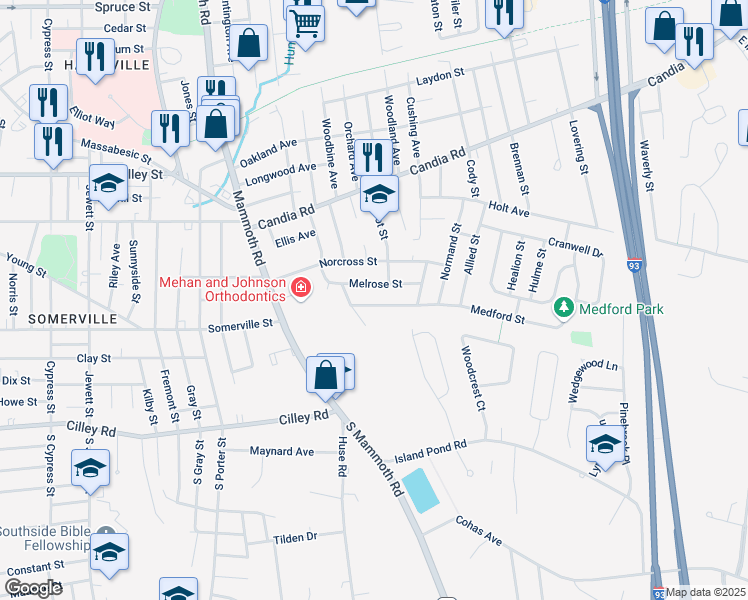 map of restaurants, bars, coffee shops, grocery stores, and more near 42 Medford Street in Manchester