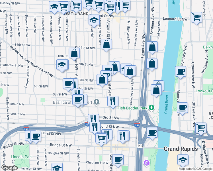 map of restaurants, bars, coffee shops, grocery stores, and more near 555 7th Street Northwest in Grand Rapids