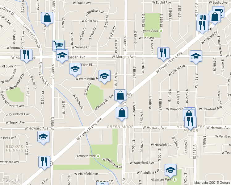 map of restaurants, bars, coffee shops, grocery stores, and more near 3699 South 61st Street in Milwaukee