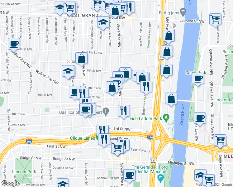 map of restaurants, bars, coffee shops, grocery stores, and more near 600 7th Street Northwest in Grand Rapids