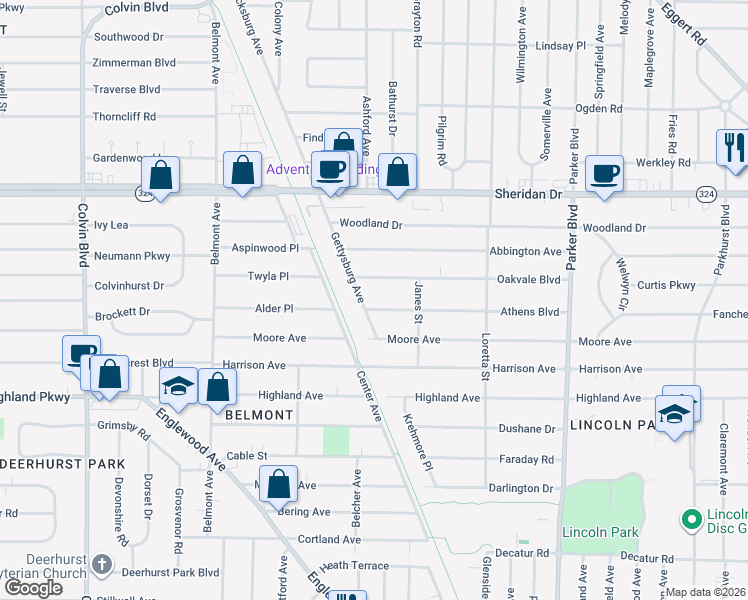 map of restaurants, bars, coffee shops, grocery stores, and more near 179 Oakvale Boulevard in Buffalo