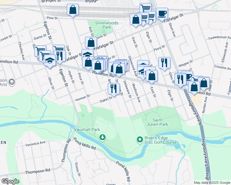 map of restaurants, bars, coffee shops, grocery stores, and more near 130 Brisbin Street in London